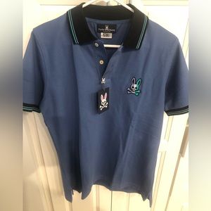 Psycho Bunny polo shirt blue with black collar new with tags .
